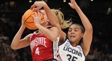 Ohio State Buckeyes guard Jacy Sheldon and UConn Huskies guard Azzi Fudd