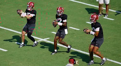Alabama QBs Ty Simpson, Keelon Russell and Austin Mack
