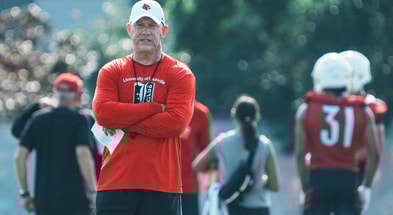 Louisville Cardinals head football coach Jeff Brohm at a morning practice Wednesday. July 30, 2025. The Cardinals' 2024 record: 9–4, 5–3 in the ACC.