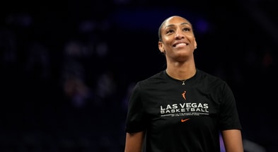 Las Vegas Aces center A'ja Wilson (22) stands on the court before the start of the game against the Golden State Valkyries at the Chase Center. Mandatory Credit: Cary Edmondson-Imagn Images