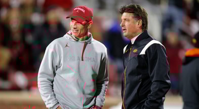 Oklahoma coach Brent Venables, left, and Oklahoma State coach Mike Gundy before a Bedlam college football game between the University of Oklahoma Sooners (OU) and the Oklahoma State University Cowboys (OSU) at Gaylord Family-Oklahoma Memorial Stadium in Norman, Okla., Saturday, Nov. 19, 2022. (© BRYAN TERRY/THE OKLAHOMAN / USA TODAY NETWORK)
