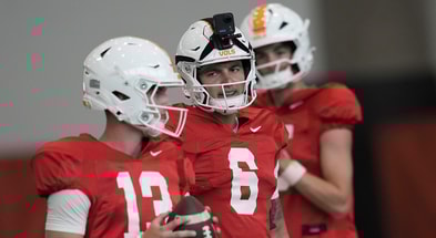 Caitie McMekin/News Sentinel / USA TODAY NETWORK via Imagn Images | Tennessee quarterback Joey Aguilar (6) during Tennessee football preseason practice, in Knoxville, Tennessee, Aug. 5, 2025.