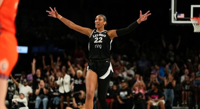Las Vegas Aces center A'ja Wilson (22) reacts during the second half of a WNBA basketball game against the Connecticut Sun at Michelob Ultra Arena. Mandatory Credit: Lucas Peltier-Imagn Images