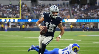 Dallas Cowboys quarterback Will Grier scores on a touchdown run against Los Angeles Rams in the fourth quarter at SoFi Stadium. Credit: Kirby Lee-Imagn Images