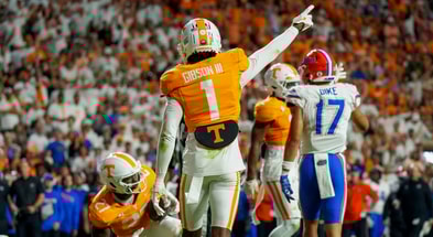 Angelina Alcantar/News Sentinel / USA TODAY NETWORK via Imagn Images | Tennessee defensive back Rickey Gibson III (1) points after a fumble during a NCAA football game between Tennessee and Florida in Neyland Stadium, in Knoxville, Tenn., Oct. 12, 2024.