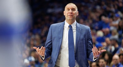 Feb 8, 2025; Lexington, Kentucky, USA; Kentucky Wildcats head coach Mark Pope pleads with a referee during the first half against the South Carolina Gamecocks at Rupp Arena at Central Bank Center. Mandatory Credit: Jordan Prather-Imagn Images