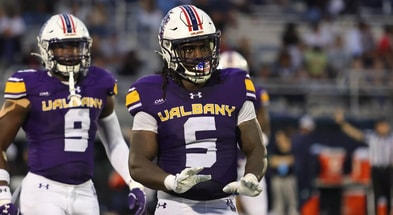 Albany linebacker Ron Holmes returns for the Great Danes. (Photo by UA Athletics)