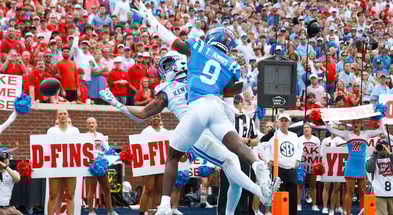 Sep 28, 2024; Oxford, Mississippi, USA; Mississippi Rebels defensive back Trey Amos (9) breaks up a pass intended for Kentucky Wildcats wide receiver Dane Key (6) during the first half at Vaught-Hemingway Stadium. Mandatory Credit: Petre Thomas-Imagn Images