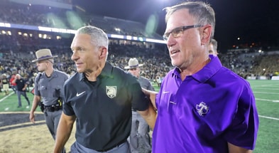Army-T Game Black Knights head coach Jeff Monken congratulates Tarleton State Texans head coach Todd Whitten after the Texans’ double-overtime win at Michie Stadium. Mandatory Credit- Danny Wild-Imagn A
