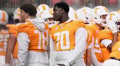 Tennessee offensive lineman David Sanders Jr. (70) on the sidelines during the Aflac Kickoff Game between the Volunteers and Syracuse held at Mercedes-Benz Stadium in Atlanta, Ga., on August 30, 2025.