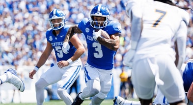 Aug 30, 2025; Lexington, Kentucky, USA; Kentucky Wildcats running back Seth McGowan (3) runs the ball during the first quarter against the Toledo Rockets at Kroger Field. Mandatory Credit: Jordan Prather-Imagn Images