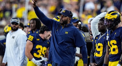 Michigan head coach Sherrone Moore reacts to a play against New Mexico during the first half at Michigan Stadium in Ann Arbor on Saturday, August 30, 2025. © Junfu Han / USA TODAY NETWORK via Imagn Images