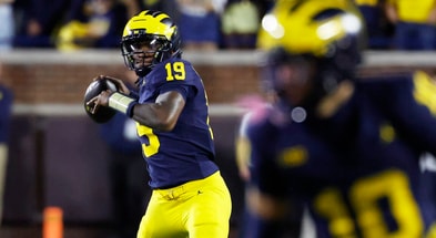 Aug 30, 2025; Ann Arbor, Michigan, USA; Michigan Wolverines quarterback Bryce Underwood (19) passes in the second half against the New Mexico Lobos at Michigan Stadium. Mandatory Credit: Rick Osentoski-Imagn Images