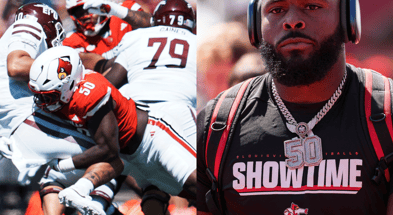 Louisville Cardinals defensive lineman Clev Lubin (50) sacks Eastern Kentucky Colonels quarterback Myles Burkett (10) in the first half against EKU at the Cardinals' season opener Saturday, August 30, 2025 at L&N Federal Credit Union Stadium in Louisville, Kentucky.