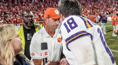 LSU QB Garrett Nussmeier meets with Clemson HC Dabo Swinner after LSU's win (Photo: © Ken Ruinard - Imagn/Images, USA Today Network)