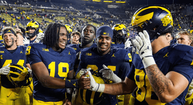Michigan Wolverines football TE Max Bredeson, QB Bryce Underwood, EDGE Nate Marshall and TE Deakon Tonielli after a win over New Mexico. (Photo by Junfu Han / USA TODAY NETWORK via Imagn Images)