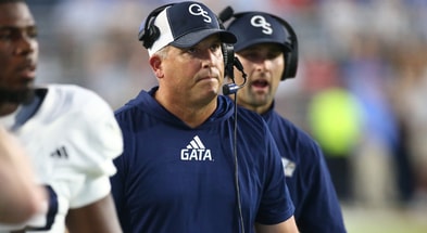 Georgia Southern Eagles head coach Clay Helton walks along the sideline during the first half against the Mississippi Rebels at Vaught-Hemingway Stadium