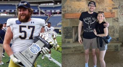 Notre Dame offensive lineman Trevor Ruhland with 2019 Camping World Trophy and wife Nina