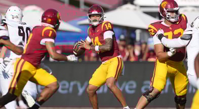 USC Trojans quarterback Jayden Maiava (14) throws the ball against the Missouri State Bears in the first half at United Airlines Field at Los Angeles Memorial Coliseum