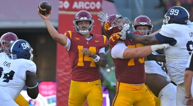 USC Trojans quarterback Jayden Maiava (14) throws a pass during the first half against the Georgia Southern Eagles at United Airlines Field at Los Angeles Memorial Coliseum