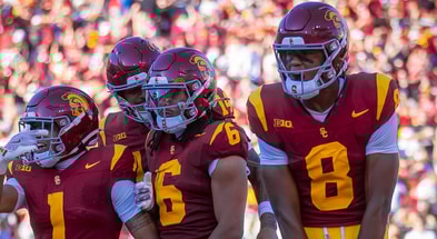 USC players Eli Sanders, Jayden Maiava, Makai Lemon and Ja'Kobi Lane celebrate a Trojan touchdown
