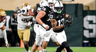 Michigan State's Chrishon McCray catches a pass against Boston College during the fourth quarter on Saturday, Sept. 6, 2025, at Spartan Stadium in East Lansing. (© Nick King/Lansing State Journal / USA TODAY NETWORK via Imagn Images)