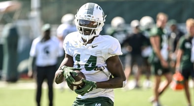 Michigan State's Malcolm Bell catches a ball during football practice on Monday, Aug. 11, 2025, in East Lansing. - Nick King, USA TODAY Sports