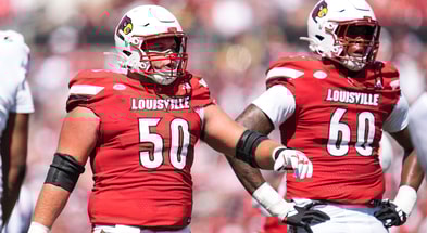 Louisville Cardinals offensive lineman Pete Nygra (50) and Louisville Cardinals offensive lineman Rasheed Miller (60) during the Cards' 51-17 win over Eastern Kentucky University at the Cardinals' season opener Saturday, August 30, 2025 at L&N Federal Credit Union Stadium in Louisville, Kentucky.