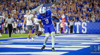 Kentucky running back Seth McGowan celebrates a touchdown vs. Eastern Michigan at Kroger Field on Saturday, September 13, 2025 in Lexington, Kentucky. Photo by Crawford Ifland, Kentucky Sports Radio.
