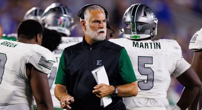 Sep 13, 2025; Lexington, Kentucky, USA; Eastern Michigan Eagles head coach Chris Creighton looks on during the second quarter against the Kentucky Wildcats at Kroger Field. Mandatory Credit: Jordan Prather-Imagn Images