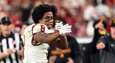 USC Trojans wide receiver Ja'Kobi Lane (8) celebrates a first down during the second half against the Purdue Boilermakers at Ross-Ade Stadium