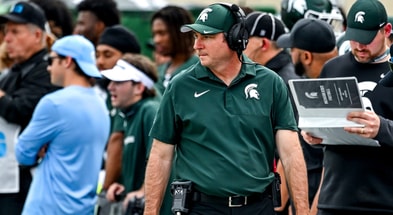 Michigan State's head coach Jonathan Smith looks on from the sideline during the second quarter in the game against Youngstown State on Saturday, Sept. 13, 2025, at Spartan Stadium in East Lansing. - Nick King, USA TODAY Sports