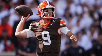 Sep 6, 2025; Cincinnati, Ohio, USA; Bowling Green Falcons quarterback Drew Pyne (9) throws a pass against the Cincinnati Bearcats in the first half at Nippert Stadium. Mandatory Credit: Aaron Doster-Imagn Images
