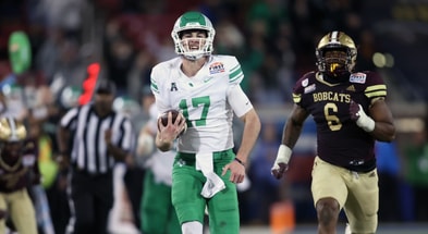 North Texas Mean Green quarterback Drew Mestemaker (17) scores a touchdown against the Texas State Bobcats during the fourth quarter at Gerald J. Ford Stadium. Mandatory Credit- Tim Heitman-Imagn Images A