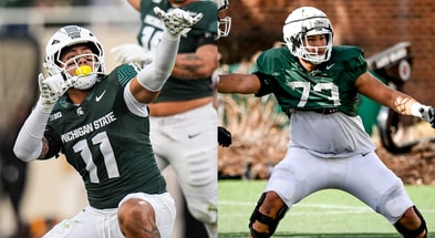 Michigan State rush end Anelu Lafaele (left) and offensive tackle Rustin Young (right). - Junfu Han (left), Nick King (right), USA TODAY Sports