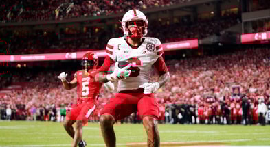 Nebraska Cornhuskers wide receiver Dane Key (6) runs to the end zone and scores a touchdown at the Kansas City Classic season opening game between the Cincinnati Bearcats and Nebraska Cornhuskers, Aug. 28, 2025, at Arrowhead Stadium in Kansas City, Mo. (© Frank Bowen IV/The Enquirer / USA TODAY NETWORK via Imagn Images)