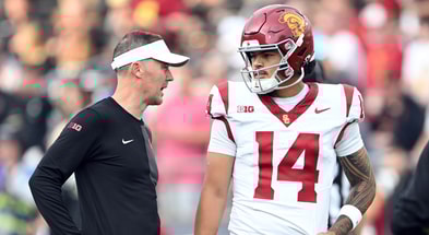 Southern California Trojans quarterback Jayden Maiava (14) talks with Southern California Trojans head coach Lincoln Riley before the game against the Purdue Boilermakers at Ross-Ade Stadium. - Marc Lebryk, USA TODAY Sports
