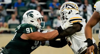 Michigan State Spartans defensive lineman Alex VanSumeren (91) engages with Western Michigan Broncos offensive lineman Raheem Anderson II (62) during the 2nd quarter at Spartan Stadium. - Brendan Mullin, USA TODAY Sports