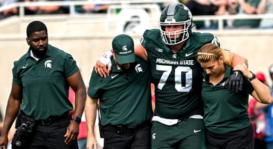 Michigan State's Luka Vincic walks off the field after an injury against Youngstown State during the second quarter on Saturday, Sept. 13, 2025, at Spartan Stadium in East Lansing. - Nick King, USA TODAY Sports