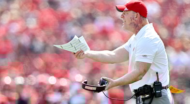 Sep 20, 2025; Louisville, Kentucky, USA; Louisville Cardinals head coach Jeff Brohm reacts during the second half against the Bowling Green Falcons at L&N Federal Credit Union Stadium. Louisville defeated Bowling Green 40-17. Mandatory Credit: Jamie Rhodes-Imagn Images