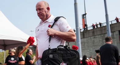 Louisville coach Jeff Brohm walks towards the locker room before the Louisville-James Madison college football game Friday September 5, 2025 at L&N Credit Union Stadium in Louisville, Kentucky.