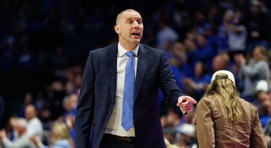 Feb 19, 2025; Lexington, Kentucky, USA; Kentucky Wildcats head coach Mark Pope calls for a player from the bench during the first half against the Vanderbilt Commodores at Rupp Arena at Central Bank Center. Mandatory Credit: Jordan Prather-Imagn Images