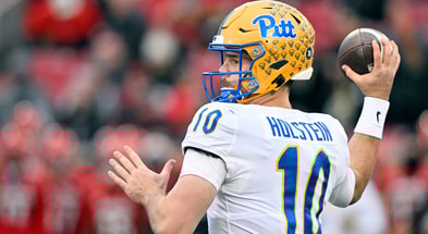 Nov 23, 2024; Louisville, Kentucky, USA; Pittsburgh Panthers quarterback Eli Holstein (10) throws against the Louisville Cardinals during the first quarter at L&N Federal Credit Union Stadium. Mandatory Credit: Jamie Rhodes-Imagn Images