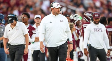Sep 13, 2025; Starkville, Mississippi, USA; Mississippi State Bulldogs head coach Jeff Lebby looks on during the first half against the Alcorn State Braves at Davis Wade Stadium at Scott Field. Mandatory Credit: Wesley Hale-Imagn Images