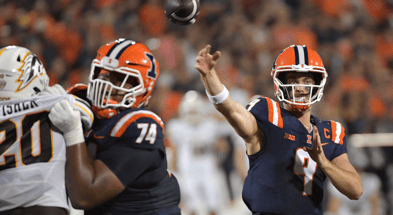 Illinois Fighting Illini quarterback Luke Altmyer (9) passes the ball during the second half against the Western Michigan Broncos at Memorial Stadium