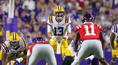 Oct 12, 2024; Baton Rouge, Louisiana, USA; LSU Tigers quarterback Garrett Nussmeier (13) calls for the ball against the Mississippi Rebels during the first half at Tiger Stadium. Mandatory Credit: Stephen Lew-Imagn Images