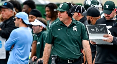 Michigan State's head coach Jonathan Smith looks on from the sideline during the second quarter in the game against Youngstown State on Saturday, Sept. 13, 2025, at Spartan Stadium in East Lansing. - Nick King, USA TODAY Sports