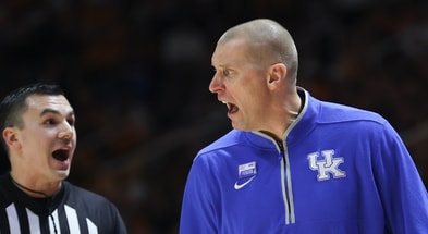 Jan 28, 2025; Knoxville, Tennessee, USA; Kentucky Wildcats head coach Mark Pope shouts at an official during the first half against the Tennessee Volunteers at Thompson-Boling Arena at Food City Center. Mandatory Credit: Randy Sartin-Imagn Images