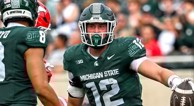 Michigan State's Jack Velling, right, celebrates a first down against Youngstown State during the second quarter on Saturday, Sept. 13, 2025, at Spartan Stadium in East Lansing. - Nick King, USA TODAY Sports