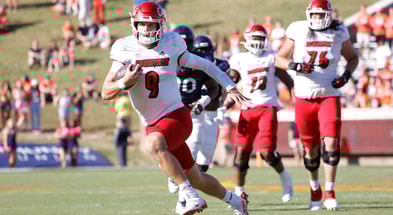 Oct 12, 2024; Charlottesville, Virginia, USA; Louisville Cardinals quarterback Tyler Shough (9) runs with the ball during the first half against the Virginia Cavaliers at Scott Stadium. Mandatory Credit: Amber Searls-Imagn Images